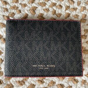 Michael Kors Brown Red Trim Slim ID Card Holder Bifold Leather Wallet